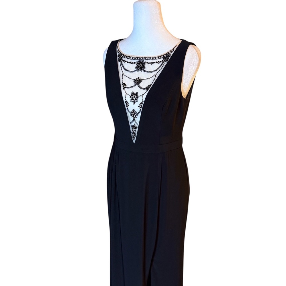 Adrianna Papell Black Beaded Illusion Neckline Evening Gown Black Tie Dress - Picture 3 of 13